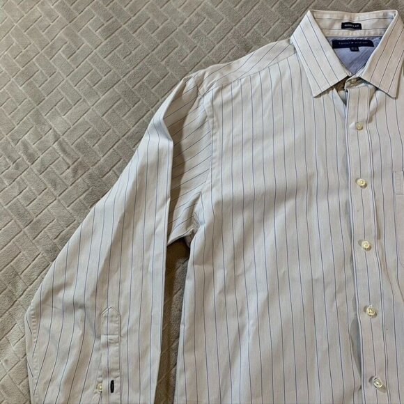 Tommy Hilfiger Mens Large Dress Shirt Regular Fit White Striped Long Sleeve - Picture 2 of 16